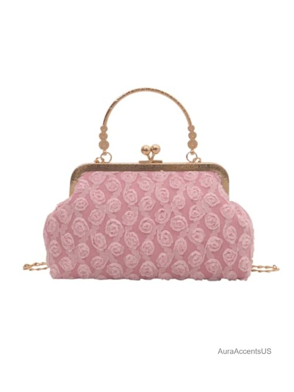 Elegant Rose Evening Clutch Purse with Kiss-Lock Clasp and Detachable Chain